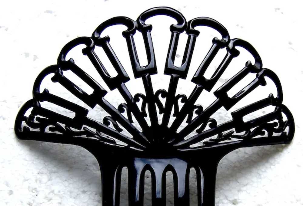 Art Deco hair comb black celluloid fan shape hair… - image 5