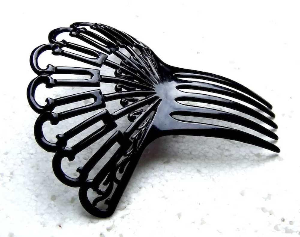 Art Deco hair comb black celluloid fan shape hair… - image 6