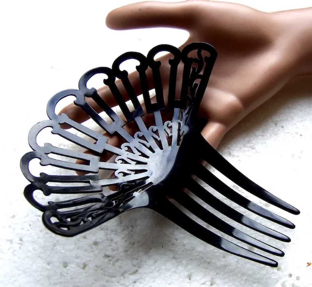 Art Deco hair comb black celluloid fan shape hair… - image 7