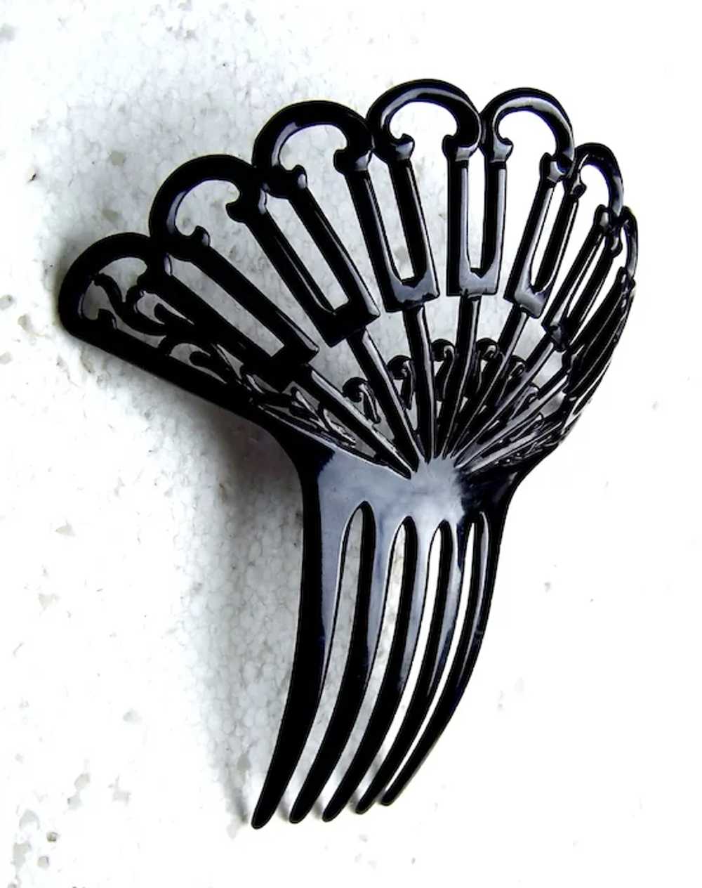 Art Deco hair comb black celluloid fan shape hair… - image 8