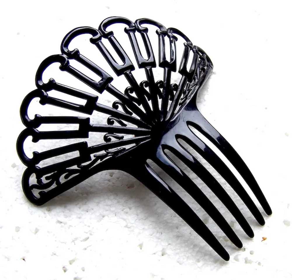 Art Deco hair comb black celluloid fan shape hair… - image 9