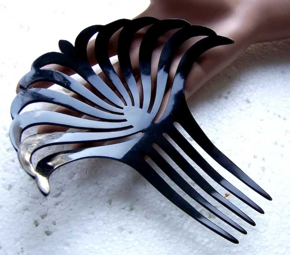 Egyptian style hair comb Art Deco black celluloid… - image 6