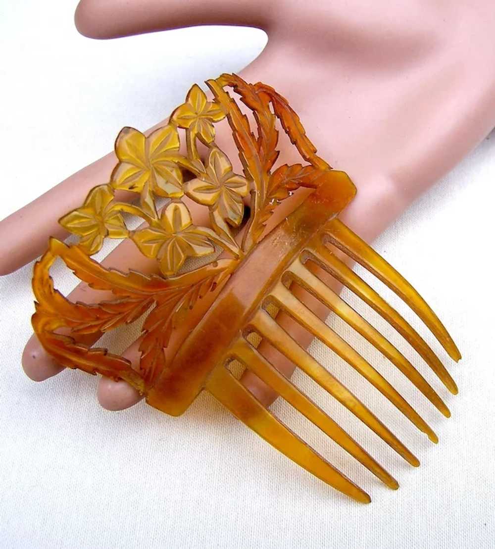 Victorian Spanish Style Hair Comb Carved Steer Ho… - image 4