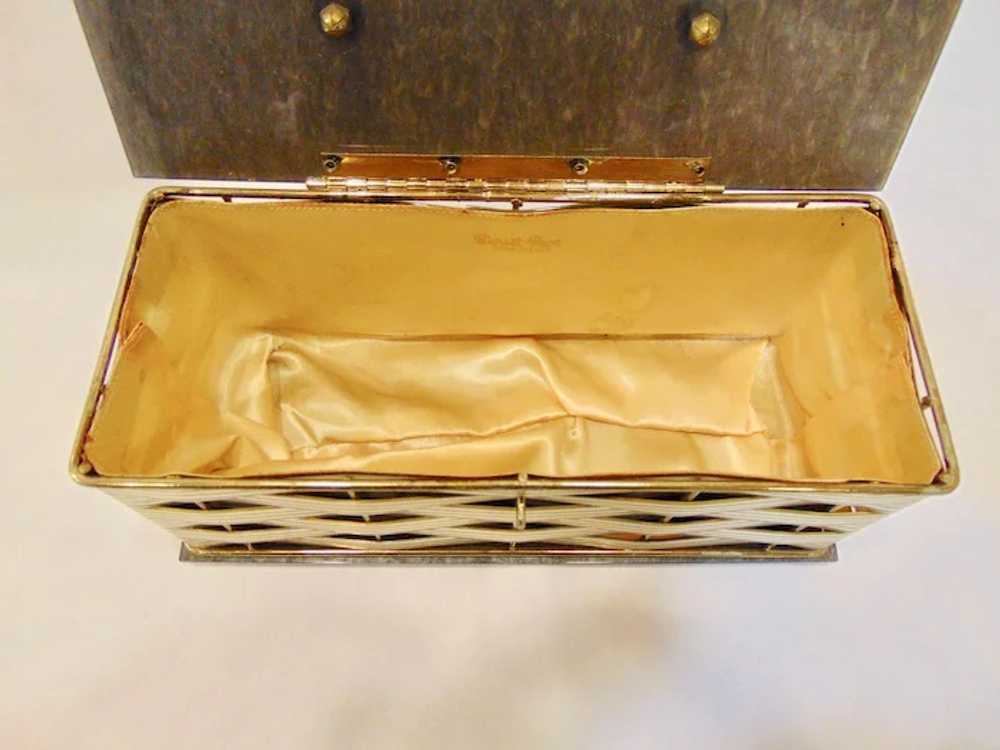 Lot - Three vintage 1930s Hollywood Regency lucite box purses; gray  pearlized purse with clear acrylic geometric carved lid and brass acce...