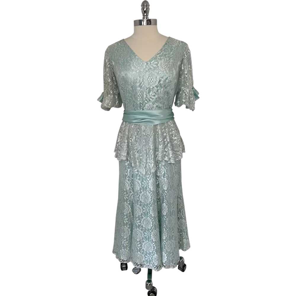 Vintage 1970s Seafoam Blue Satin and Lace Tiered … - image 1