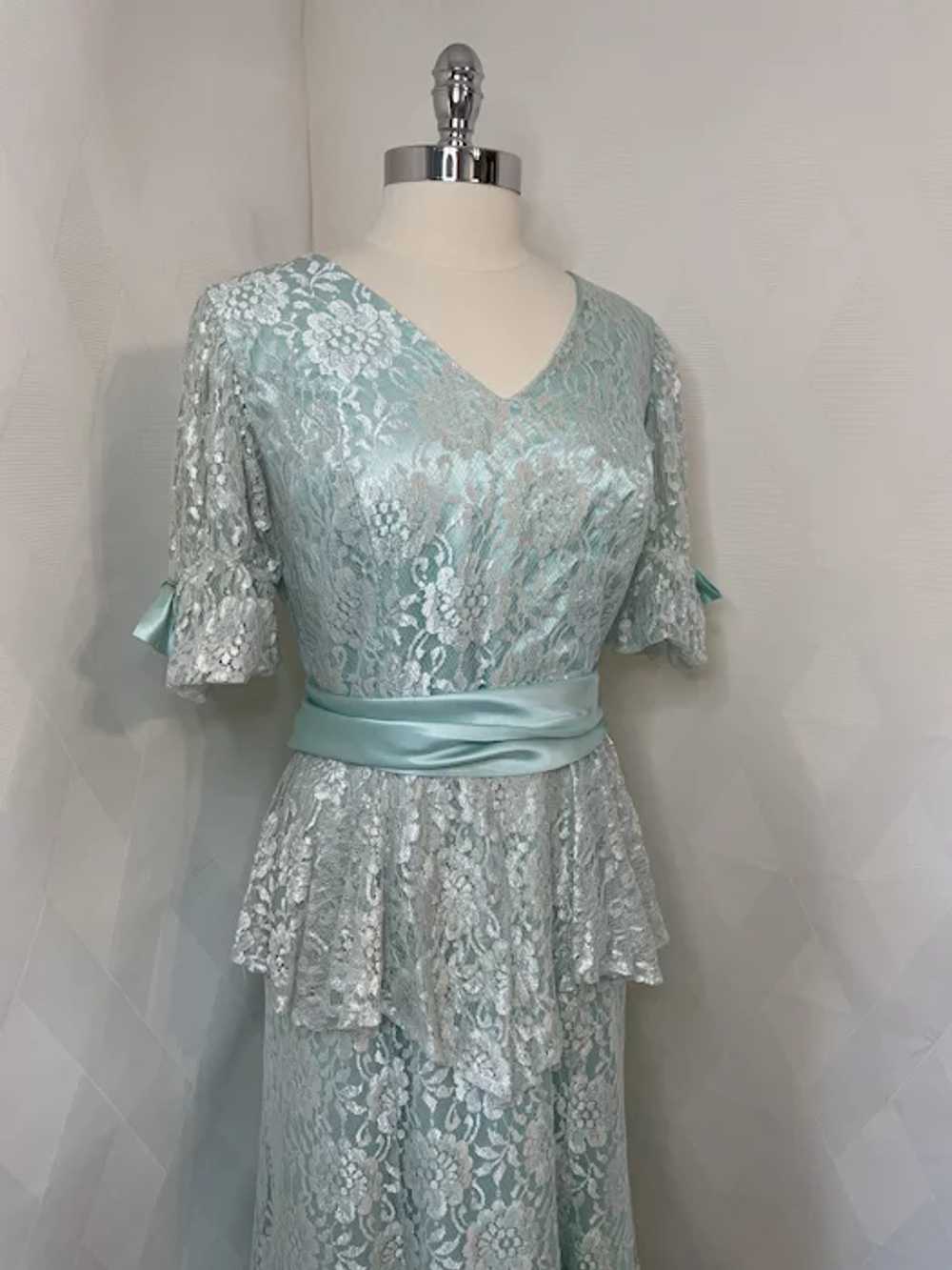 Vintage 1970s Seafoam Blue Satin and Lace Tiered … - image 2