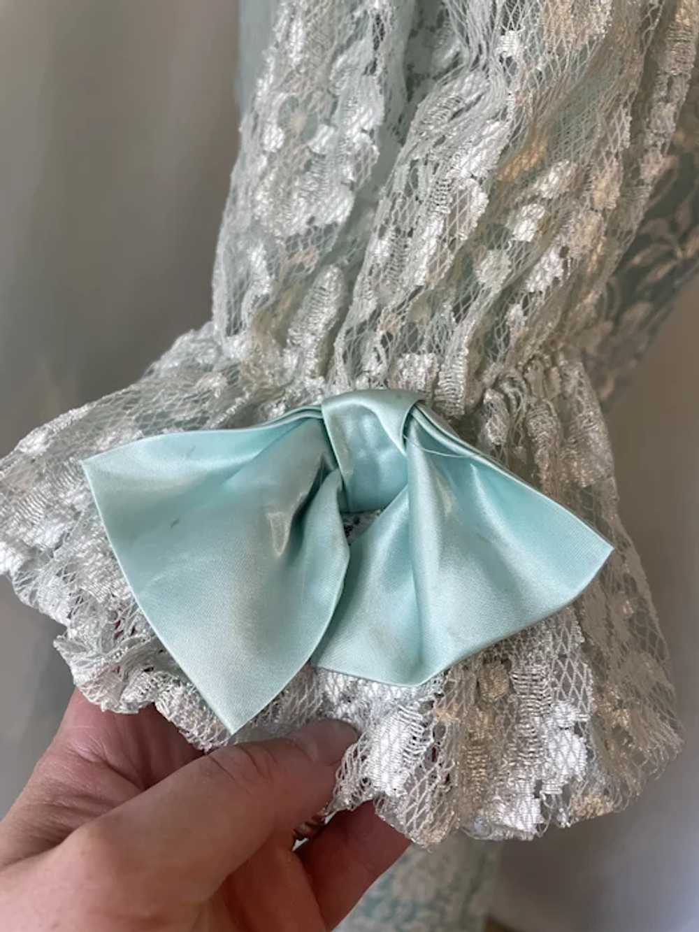 Vintage 1970s Seafoam Blue Satin and Lace Tiered … - image 5