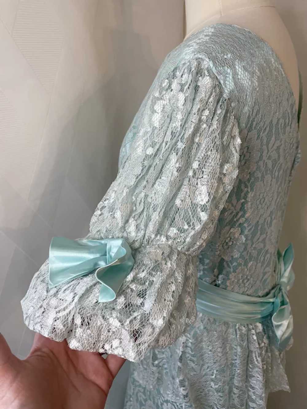 Vintage 1970s Seafoam Blue Satin and Lace Tiered … - image 8