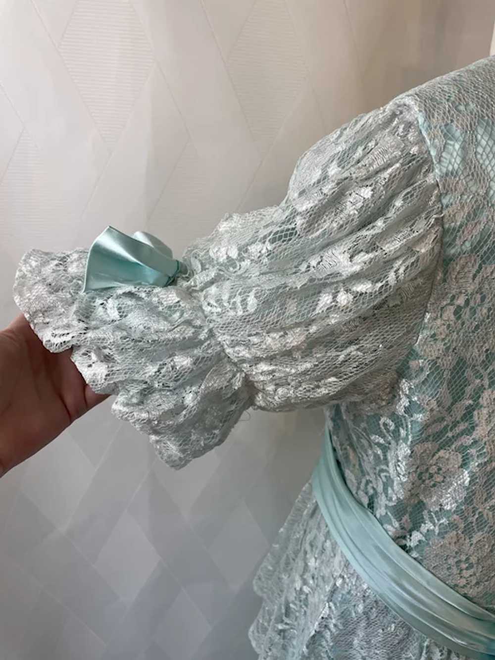 Vintage 1970s Seafoam Blue Satin and Lace Tiered … - image 9