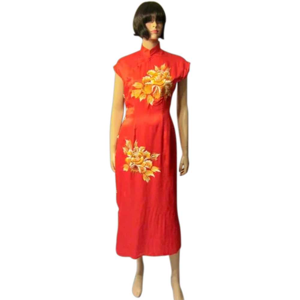 1930's Red Japanese Cheongsam Hand-Embroidered wi… - image 1