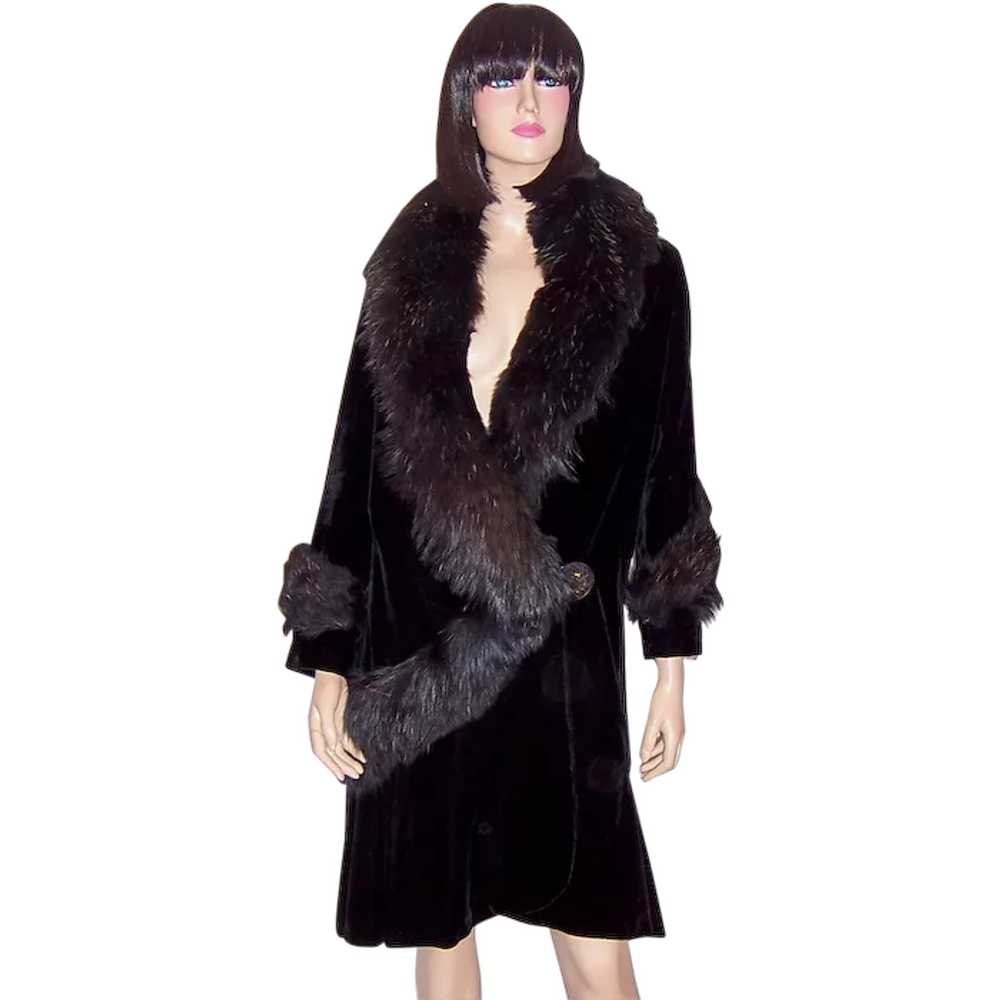 Fabulous 1920's Black Silk Velvet Coat with Fur C… - image 1