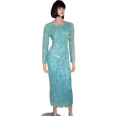 Pale Turquoise Sequined and Beaded Gown - image 1