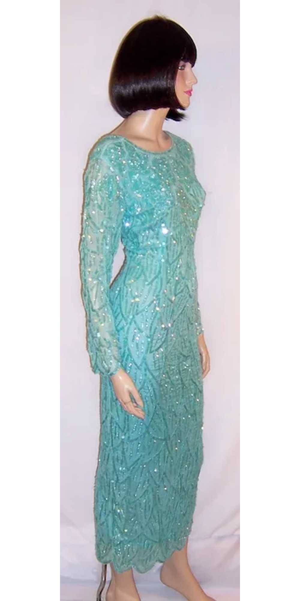 Pale Turquoise Sequined and Beaded Gown - image 2