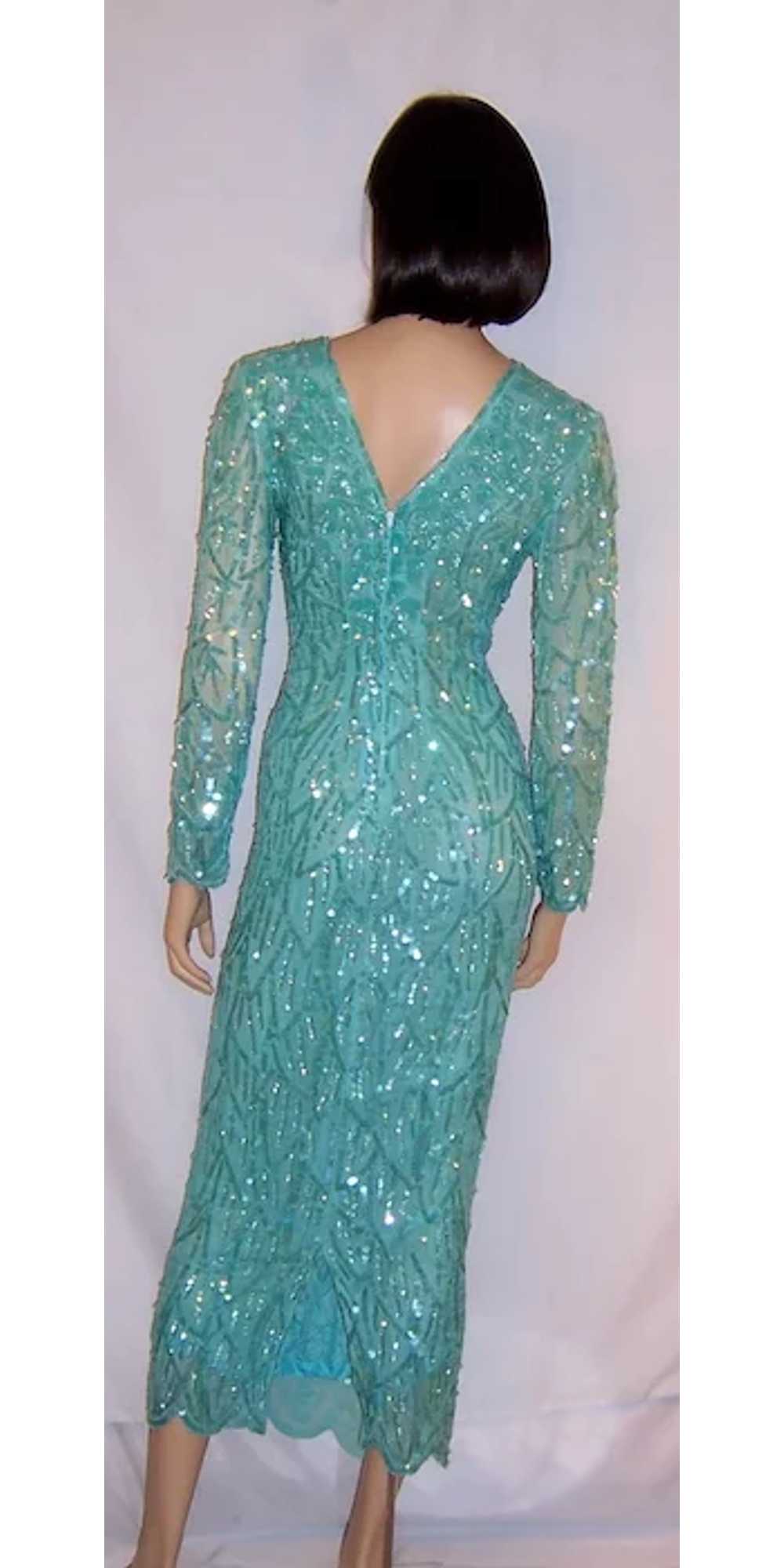 Pale Turquoise Sequined and Beaded Gown - image 3
