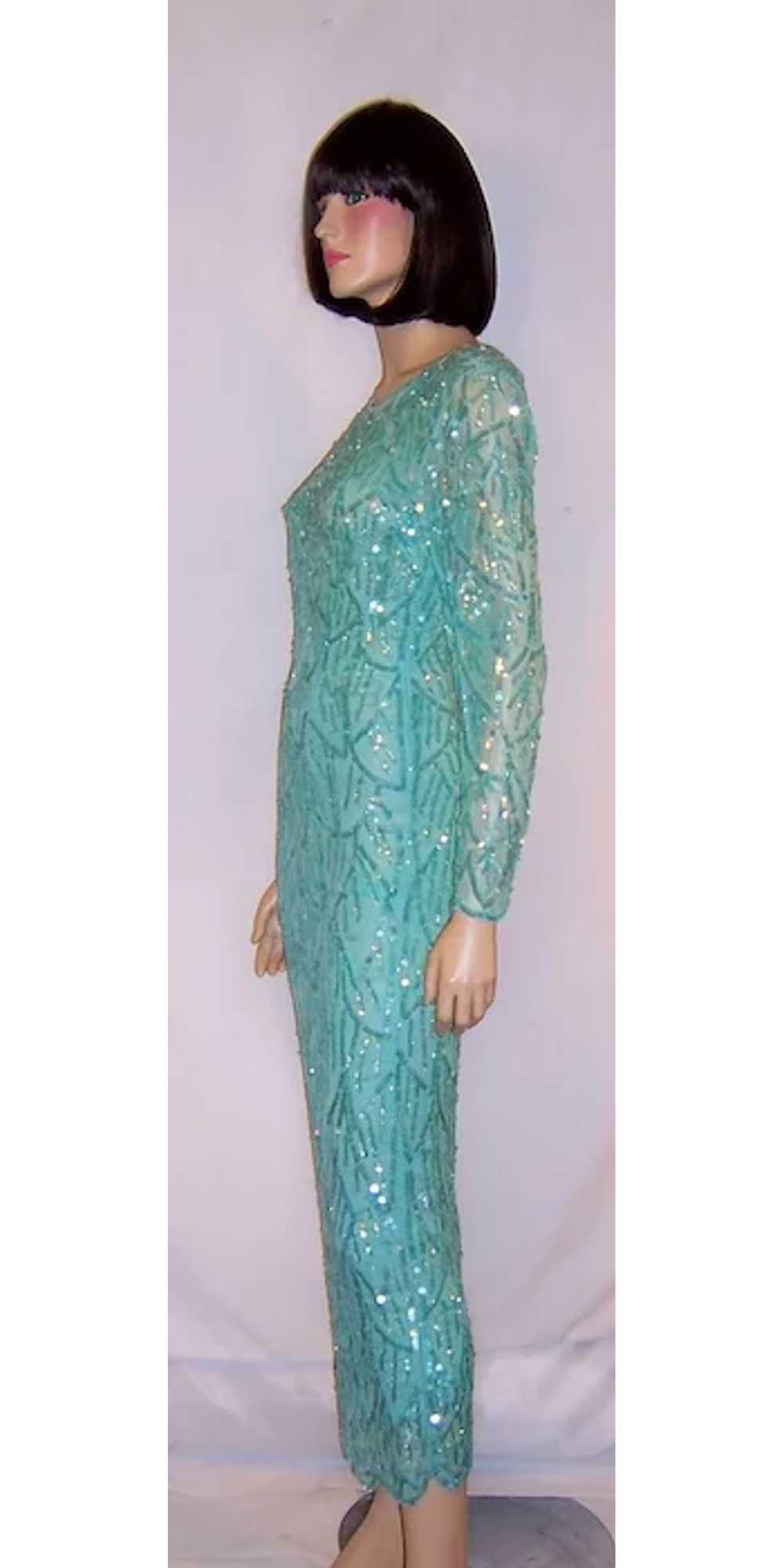 Pale Turquoise Sequined and Beaded Gown - image 4