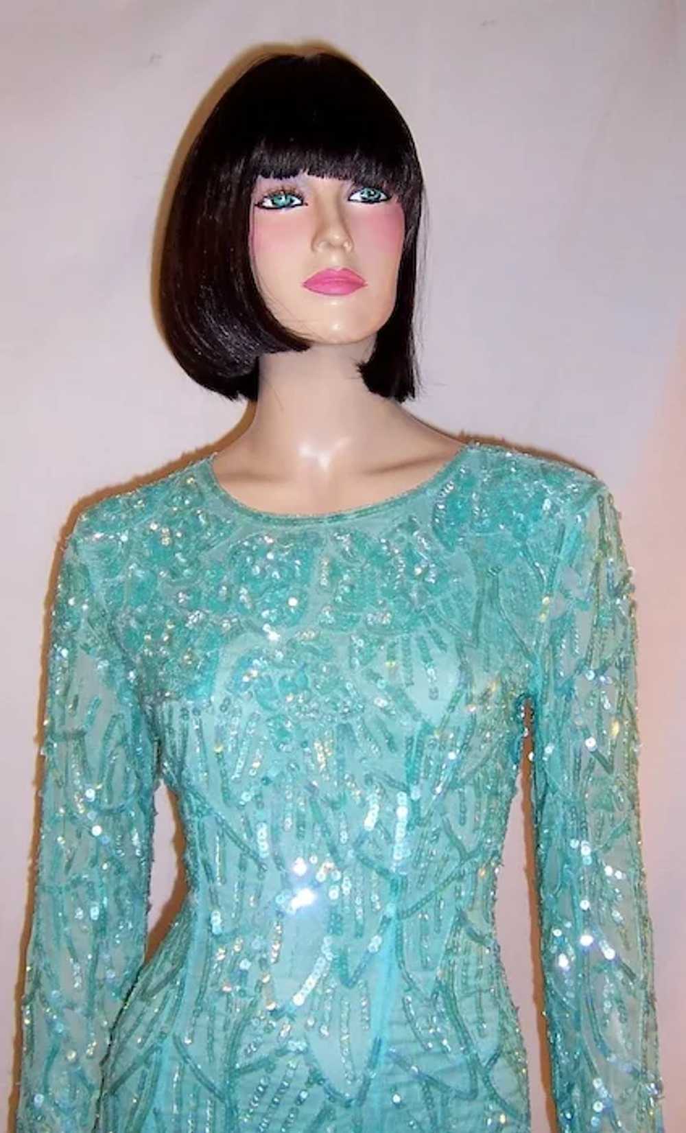 Pale Turquoise Sequined and Beaded Gown - image 5