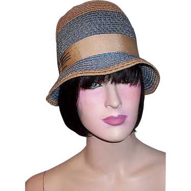 1920's Tan and Teal Blue Straw Cloche with Tan Gro