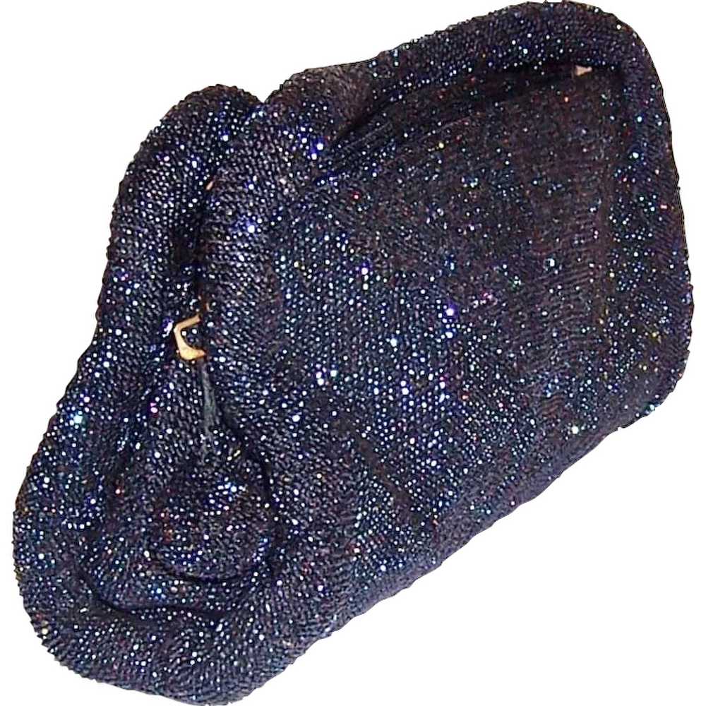 1940's Midnight Blue Glass Beaded Handbag with Do… - image 1