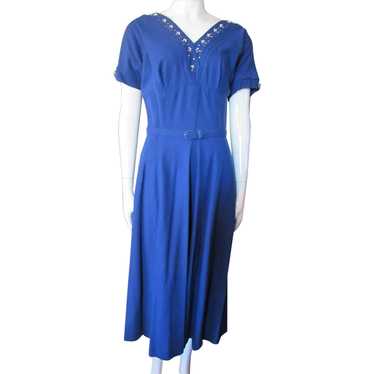 Mid-Century Office Dress in Electric Blue Knit wi… - image 1