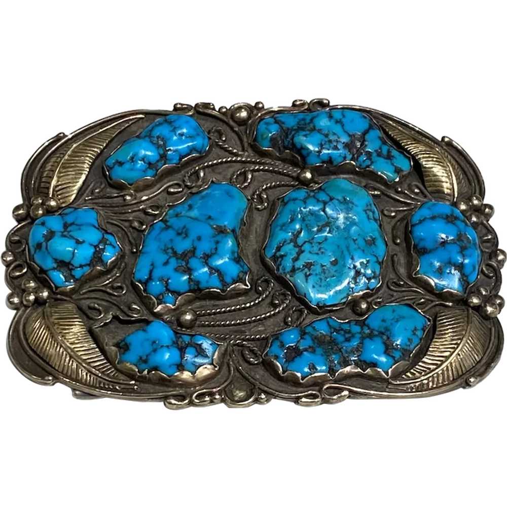 1970's Silver, 14K Gold and Turquoise Belt Buckle - image 1