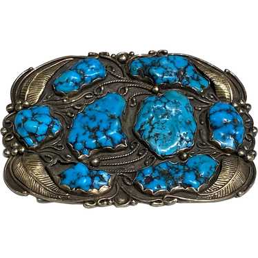 1970's Silver, 14K Gold and Turquoise Belt Buckle - image 1