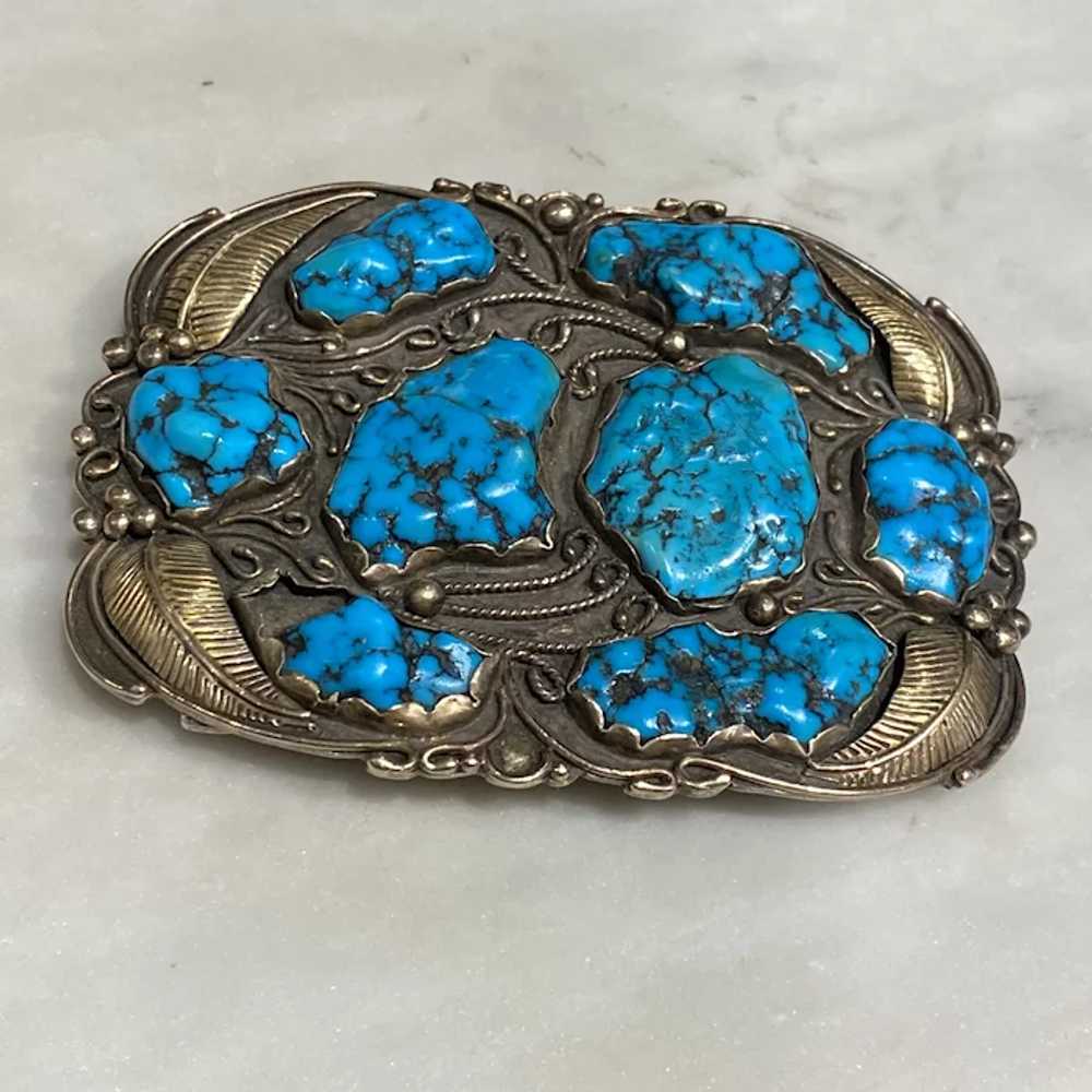 1970's Silver, 14K Gold and Turquoise Belt Buckle - image 3