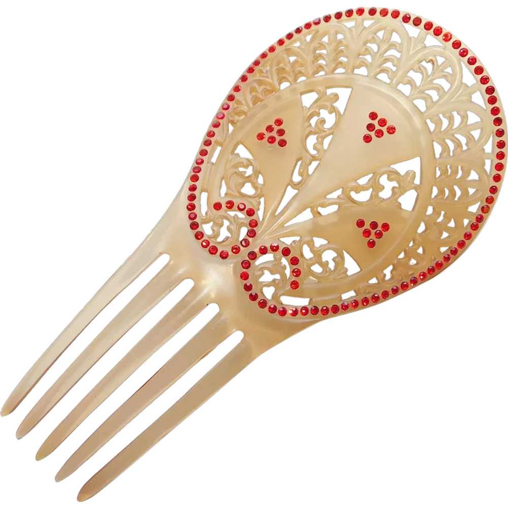 Fabulous Antique HAIR COMB - Celluloid with Red R… - image 1