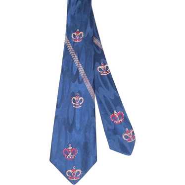Vintage 1950s Blue Silk Jacquard Crown Print Neckt