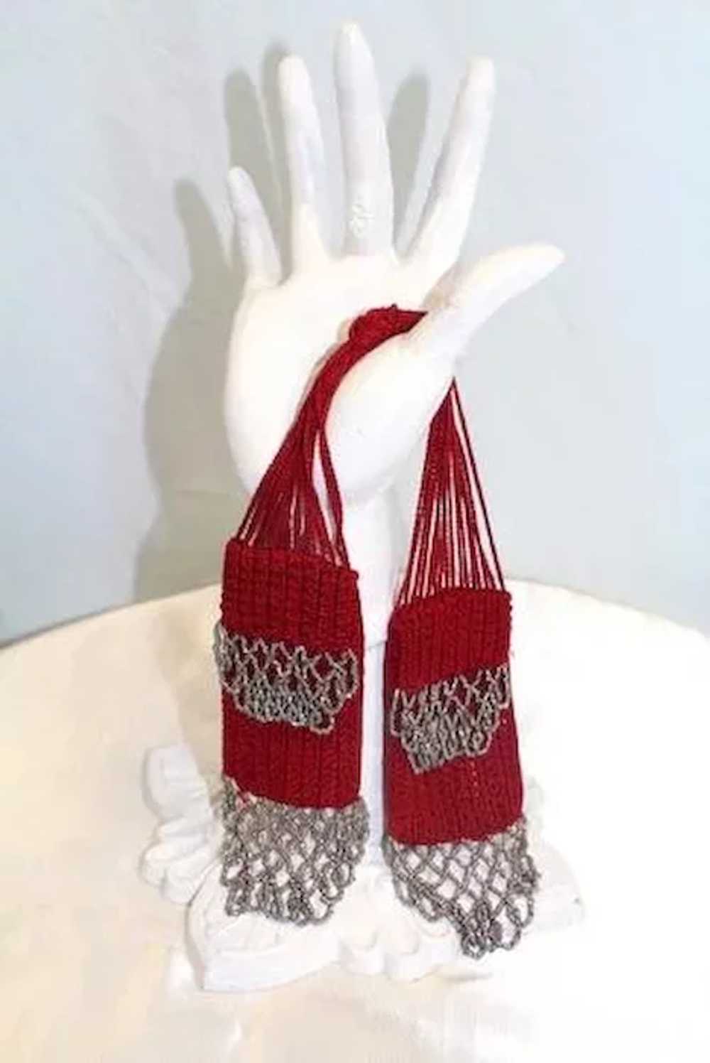 Vintage c.1920 Steel-beaded Red Silk Knit Miser’s… - image 2