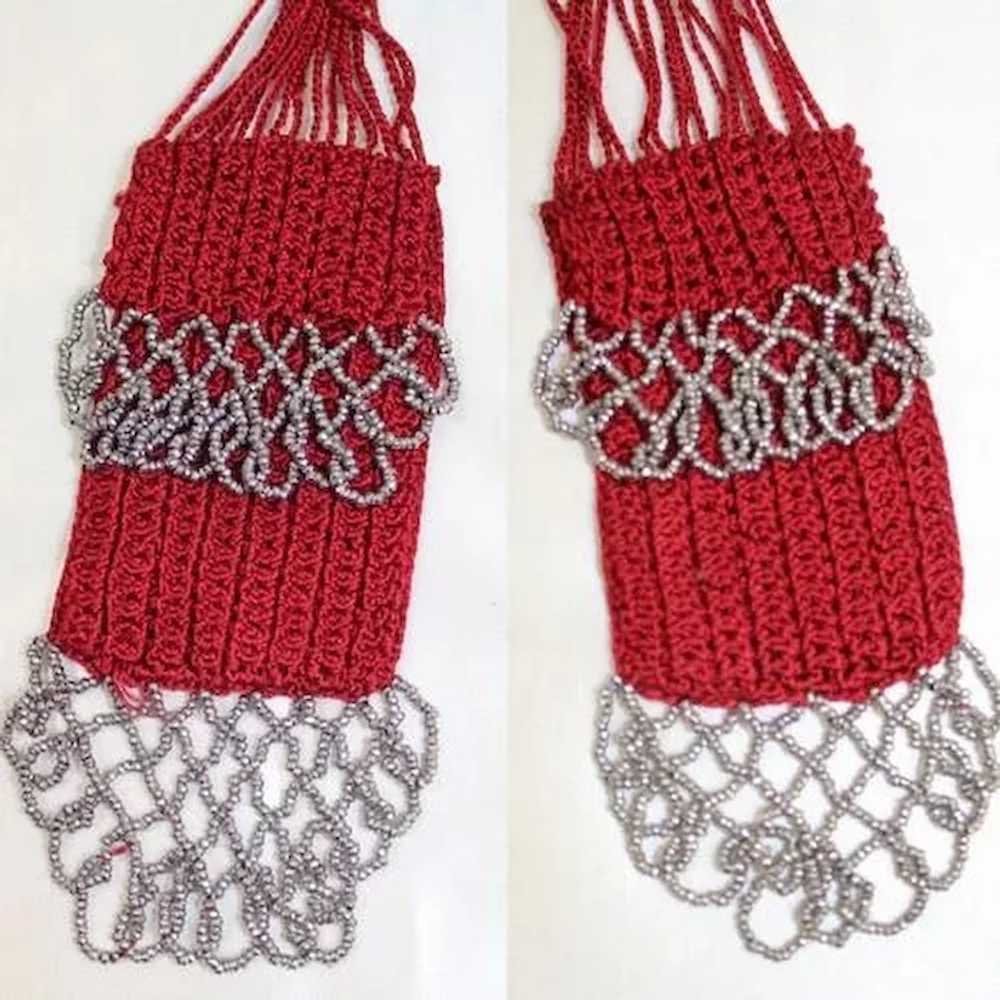Vintage c.1920 Steel-beaded Red Silk Knit Miser’s… - image 3