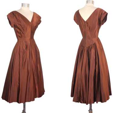 Vintage Brown Party Dress with Rhinestone Buttons, 1950s, 32 bust