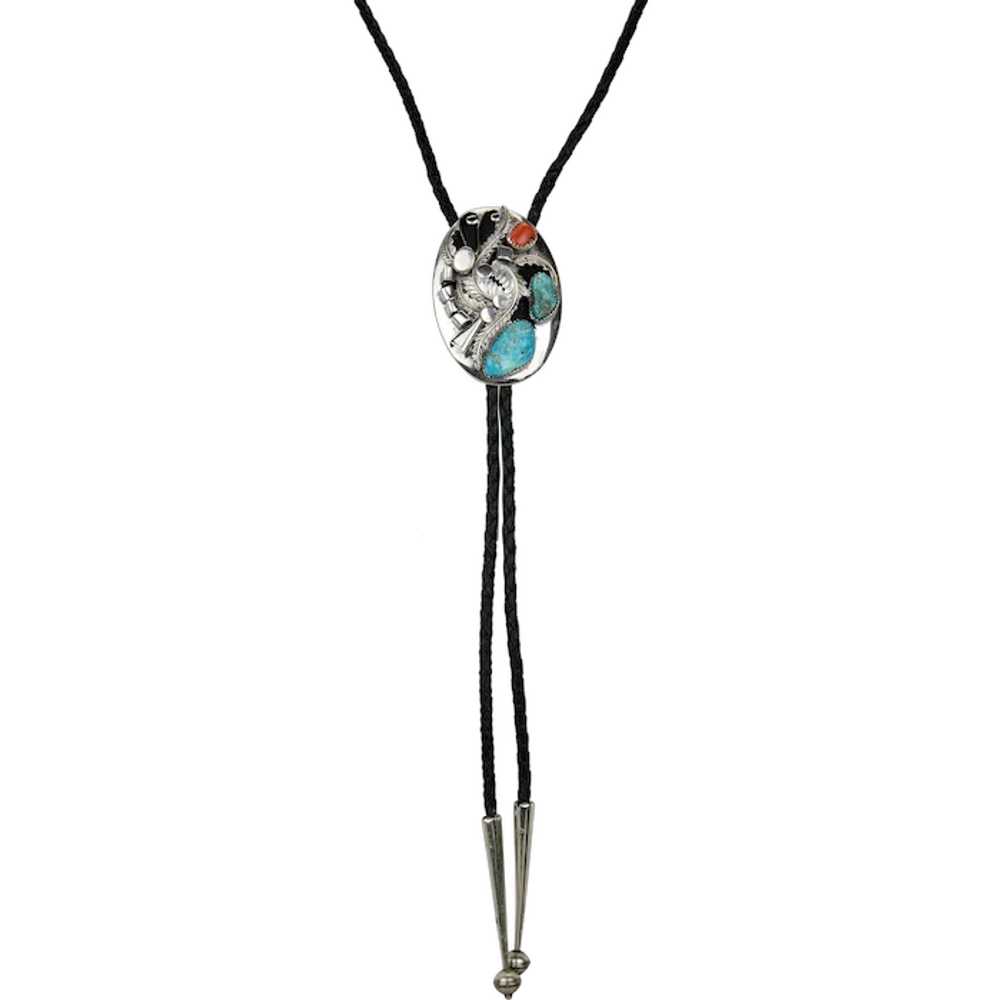Native American Bolo Tie Turquoise Coral Sterling… - image 1