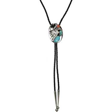 Native American Bolo Tie Turquoise Coral Sterling… - image 1