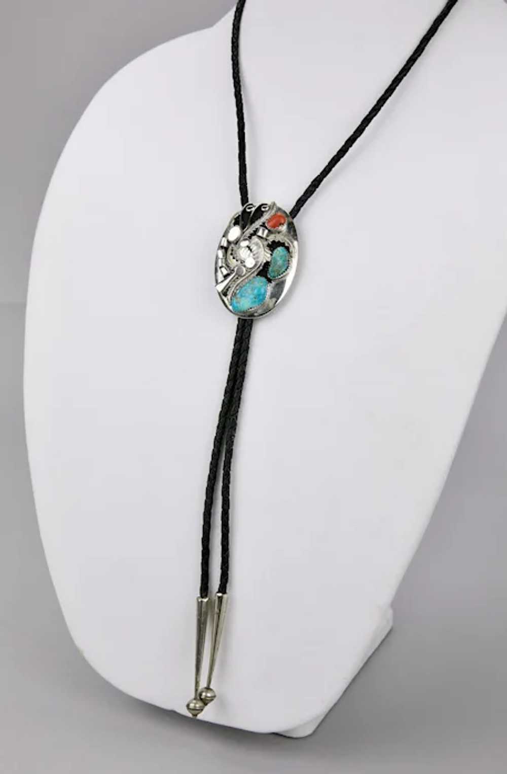 Native American Bolo Tie Turquoise Coral Sterling… - image 2