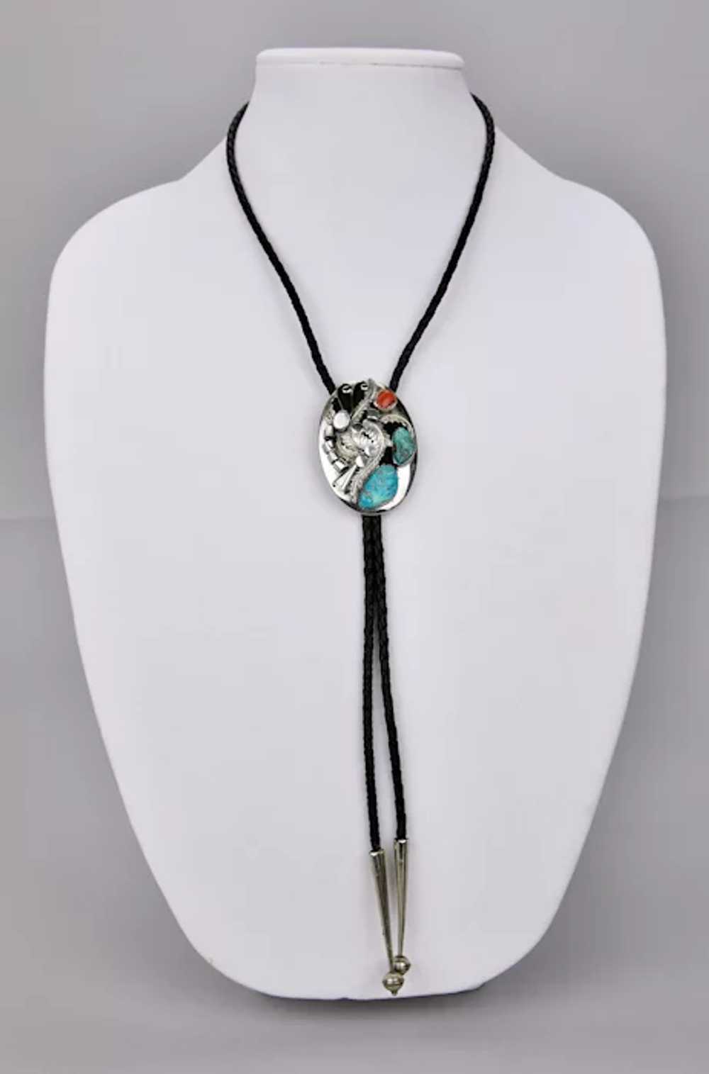 Native American Bolo Tie Turquoise Coral Sterling… - image 3