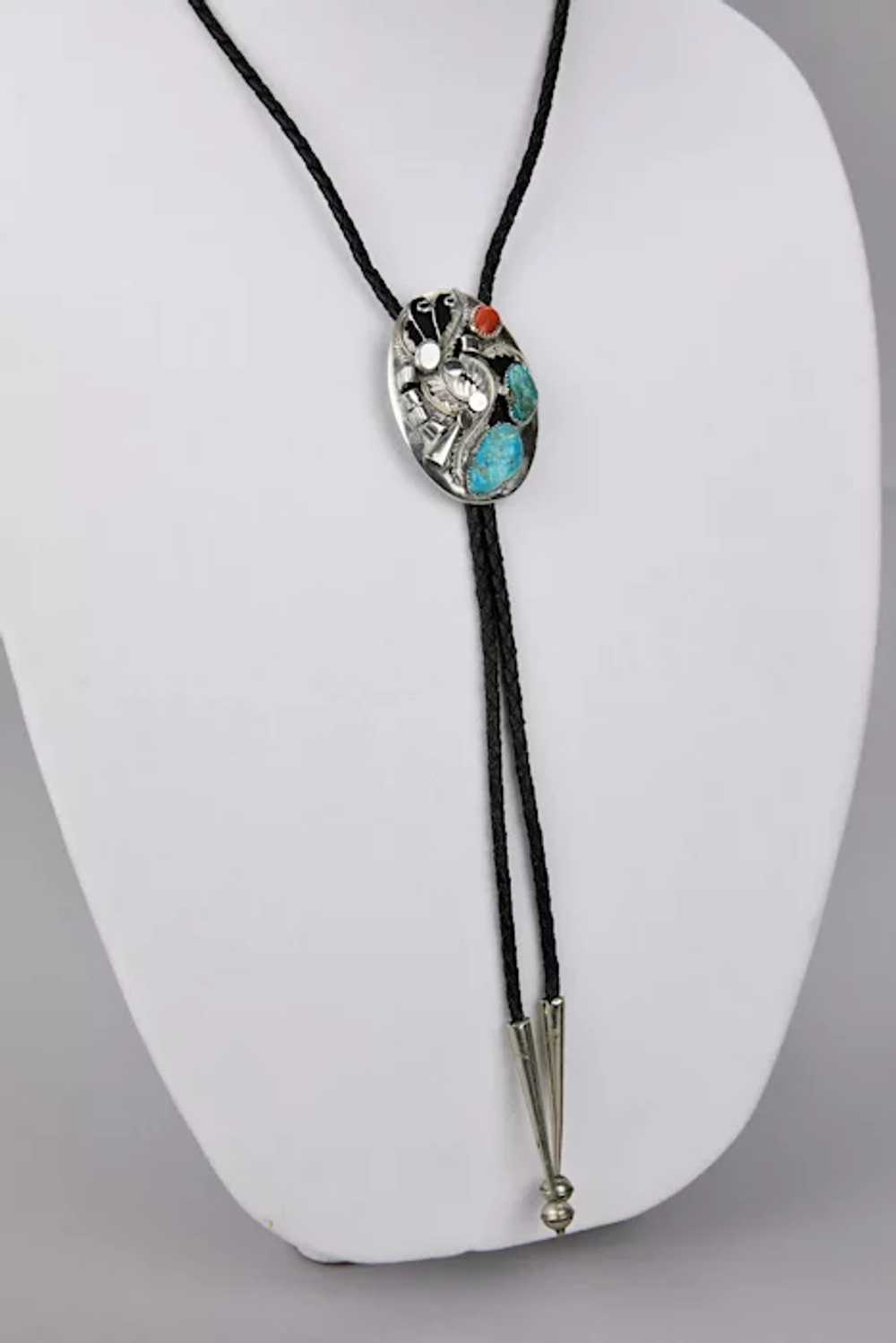Native American Bolo Tie Turquoise Coral Sterling… - image 4