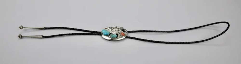 Native American Bolo Tie Turquoise Coral Sterling… - image 6