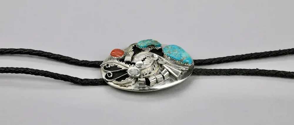 Native American Bolo Tie Turquoise Coral Sterling… - image 8