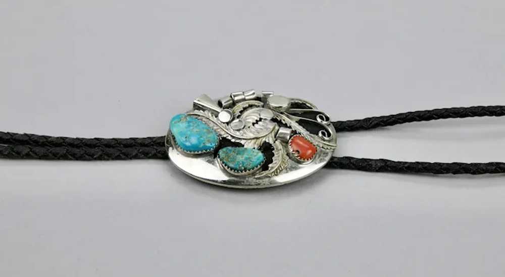 Native American Bolo Tie Turquoise Coral Sterling… - image 9