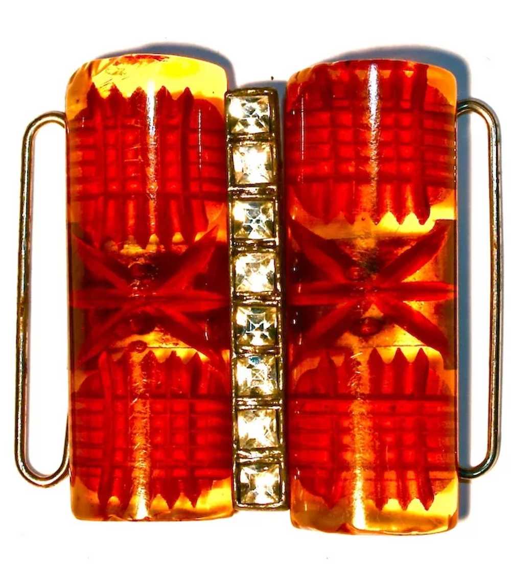 Reverse Carved Butterscotch Bakelite & Rhinestone… - image 1