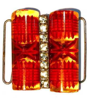Reverse Carved Butterscotch Bakelite & Rhinestone… - image 1