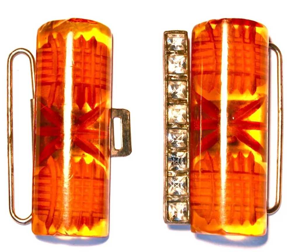 Reverse Carved Butterscotch Bakelite & Rhinestone… - image 2
