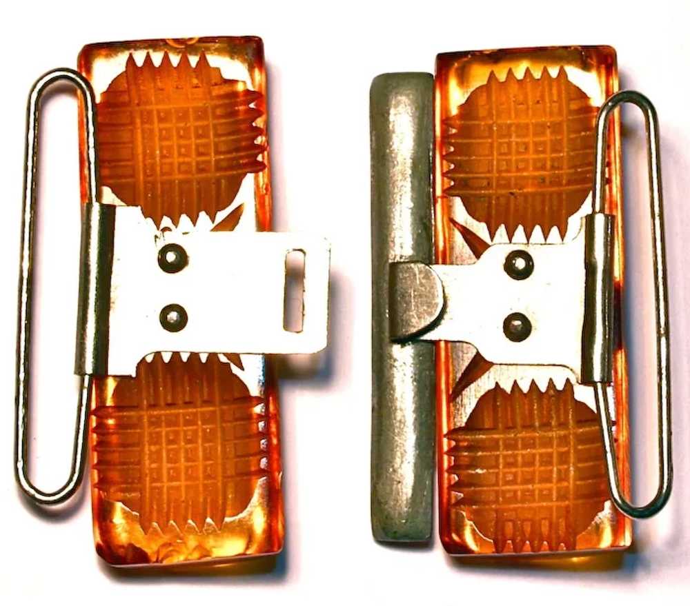 Reverse Carved Butterscotch Bakelite & Rhinestone… - image 3