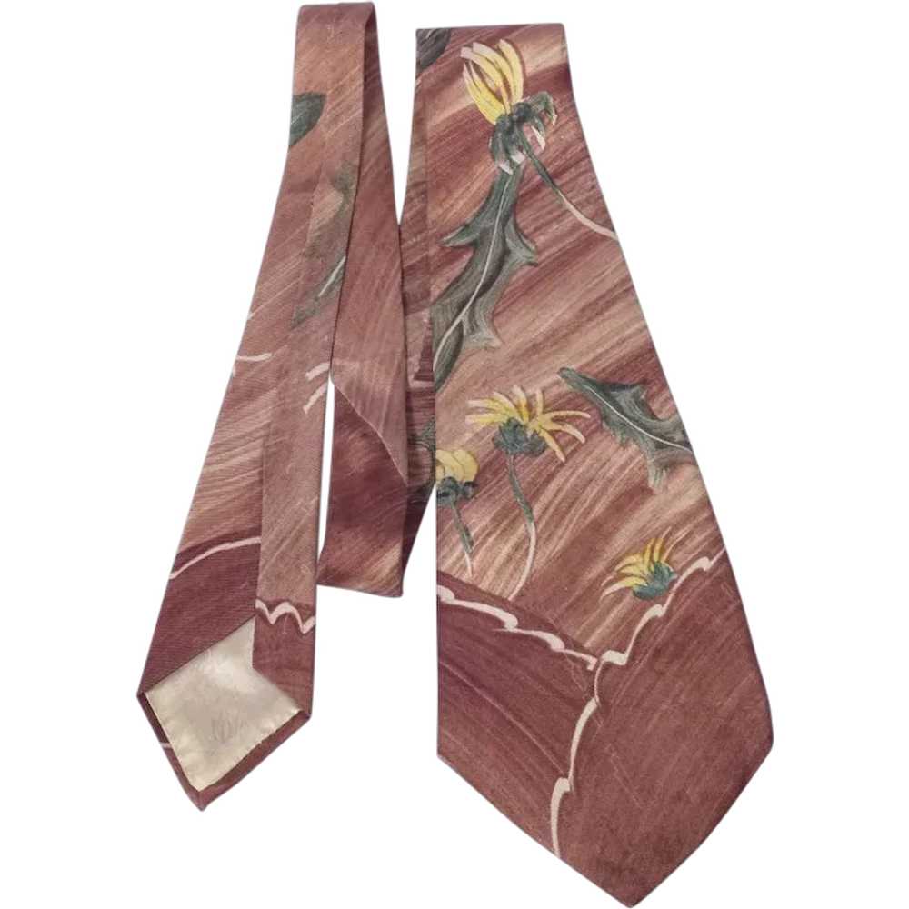 Vintage 1940s Hand Painted Silk Necktie Tie Signe… - image 1