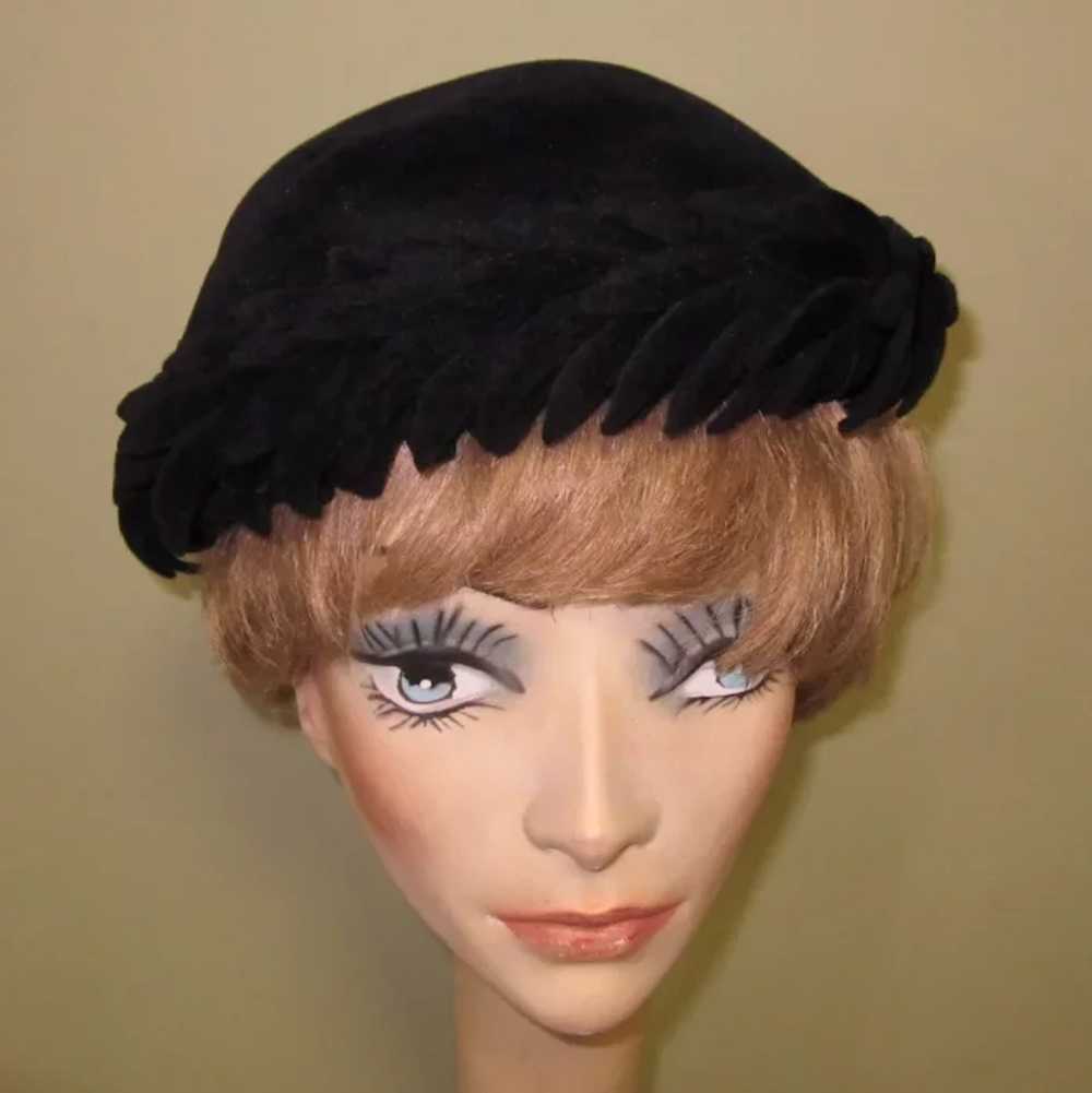 Vintage Black Hat, Velvet, French, 1940's - image 2