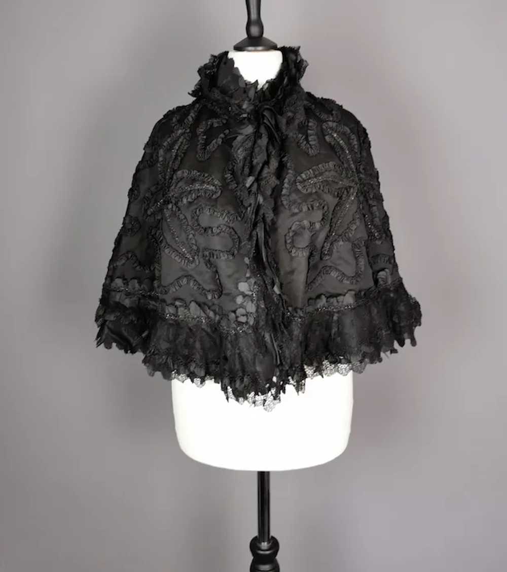 Antique Victorian mourning cape, French jet, Taff… - image 3