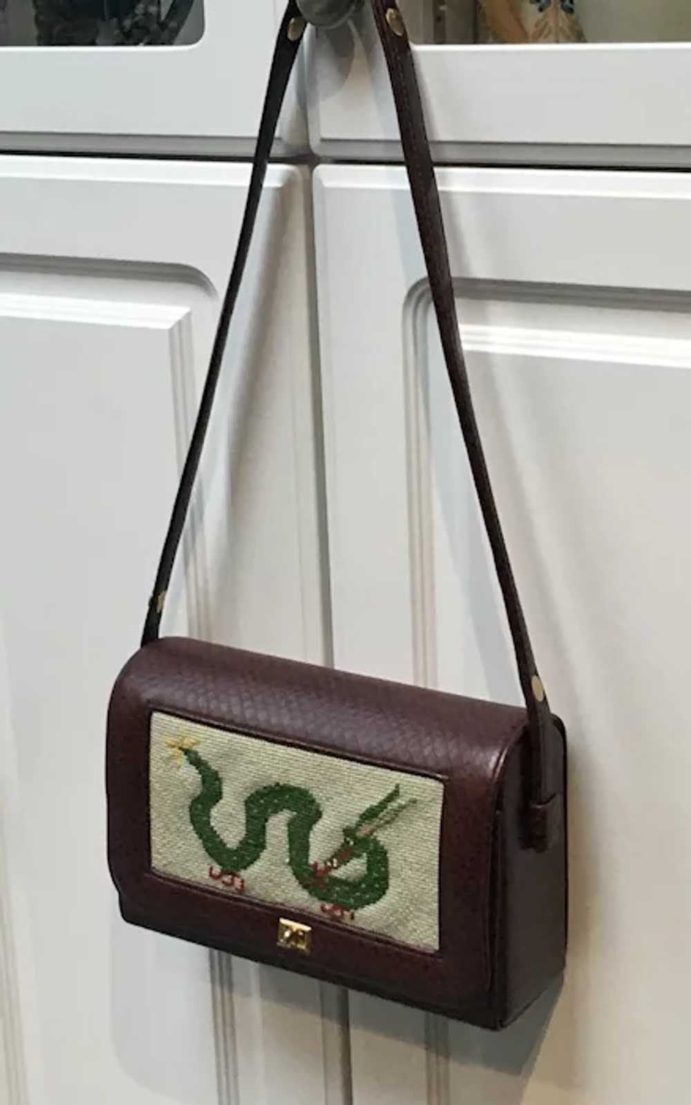 Vintage Faux Leather Purse with Dragon Needlepoint - image 10