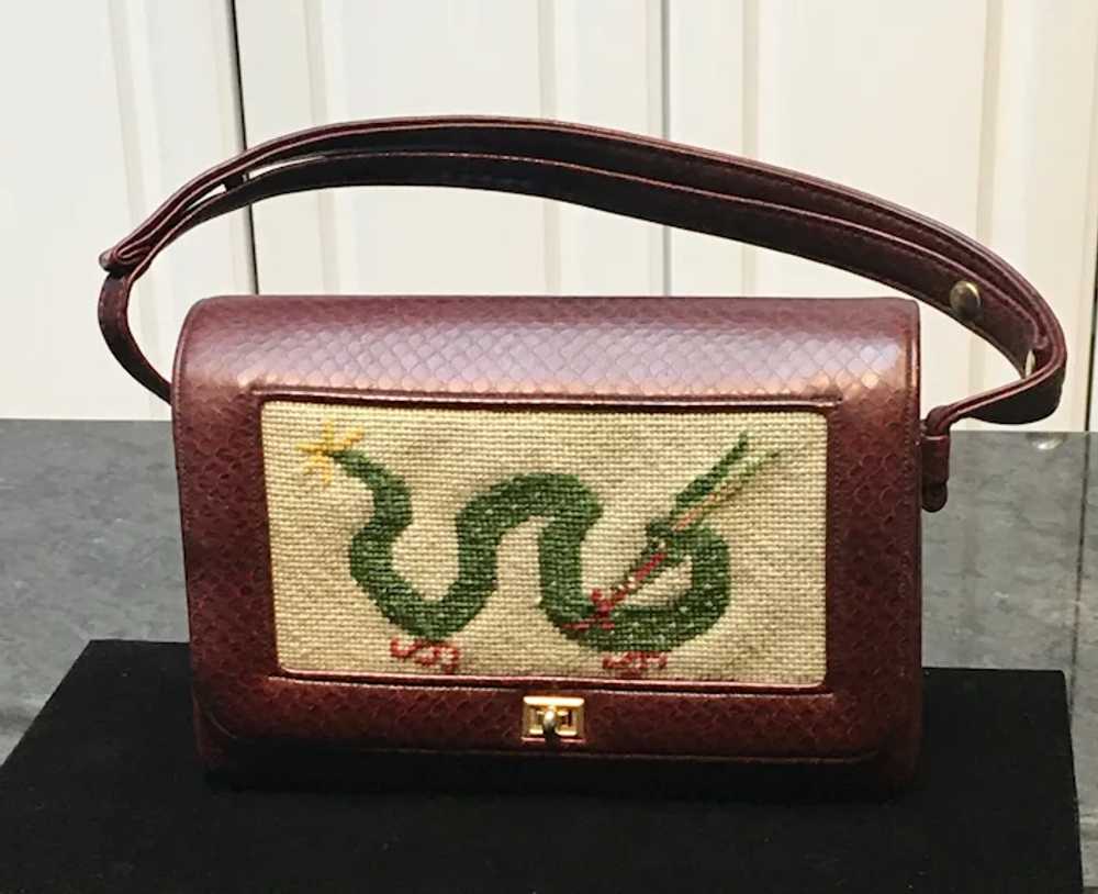 Vintage Faux Leather Purse with Dragon Needlepoint - image 11