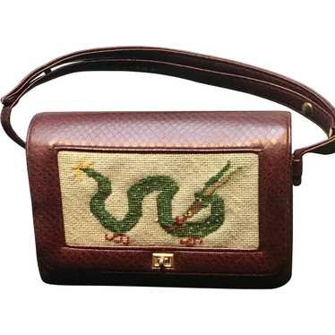 Vintage Faux Leather Purse with Dragon Needlepoint - image 1