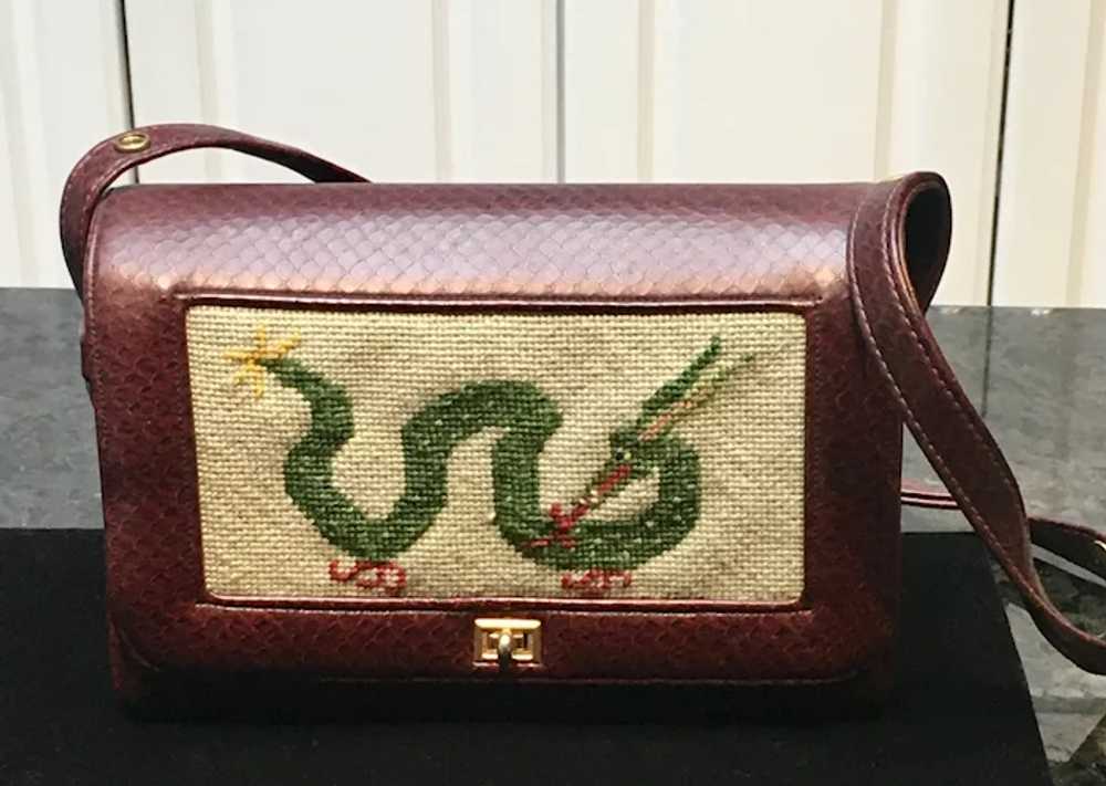 Vintage Faux Leather Purse with Dragon Needlepoint - image 3